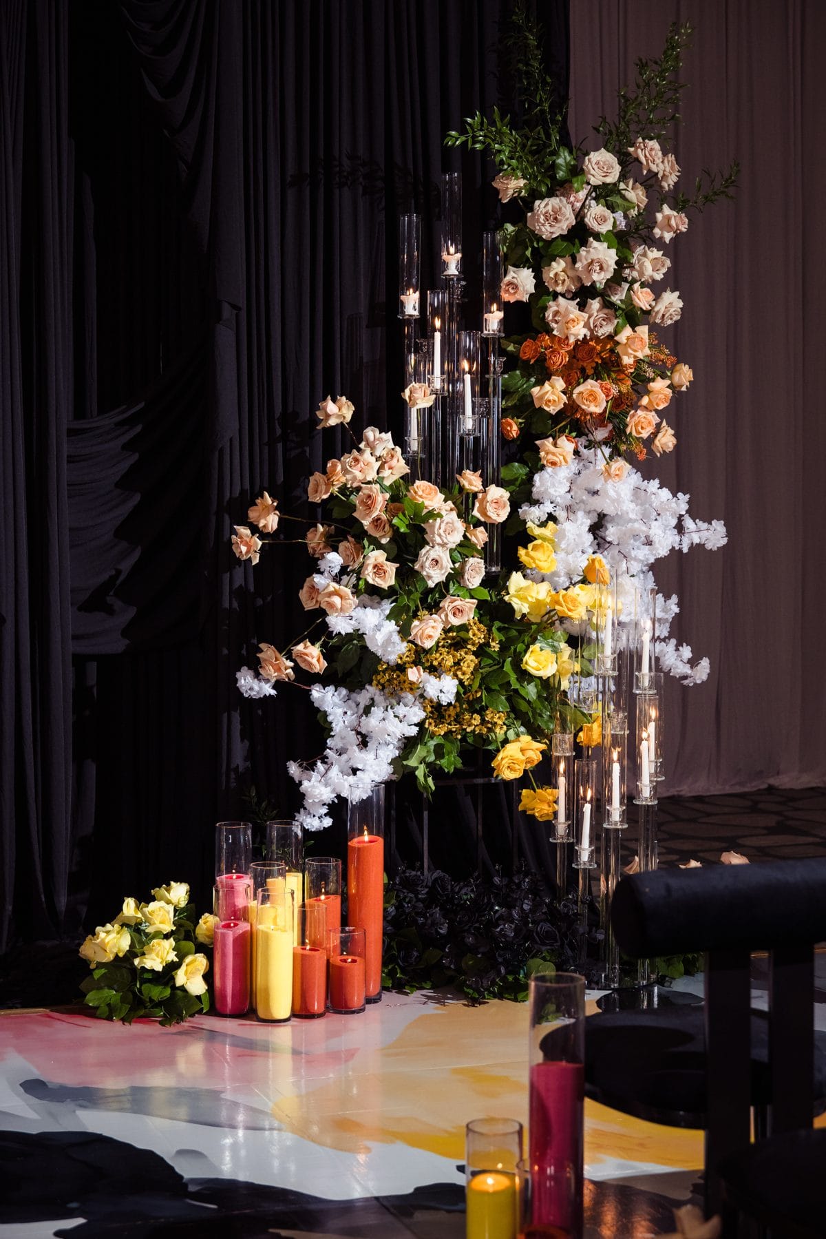 An opulent floral installation at a luxury event, Greystone Design Co.