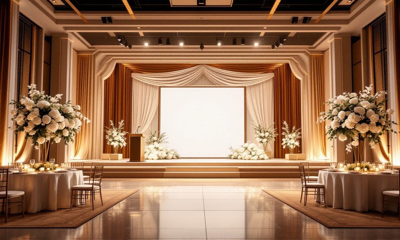 Corporate awards stage in Atlanta with a podium and white floral backdrop — design concept by Greystone Design Co.