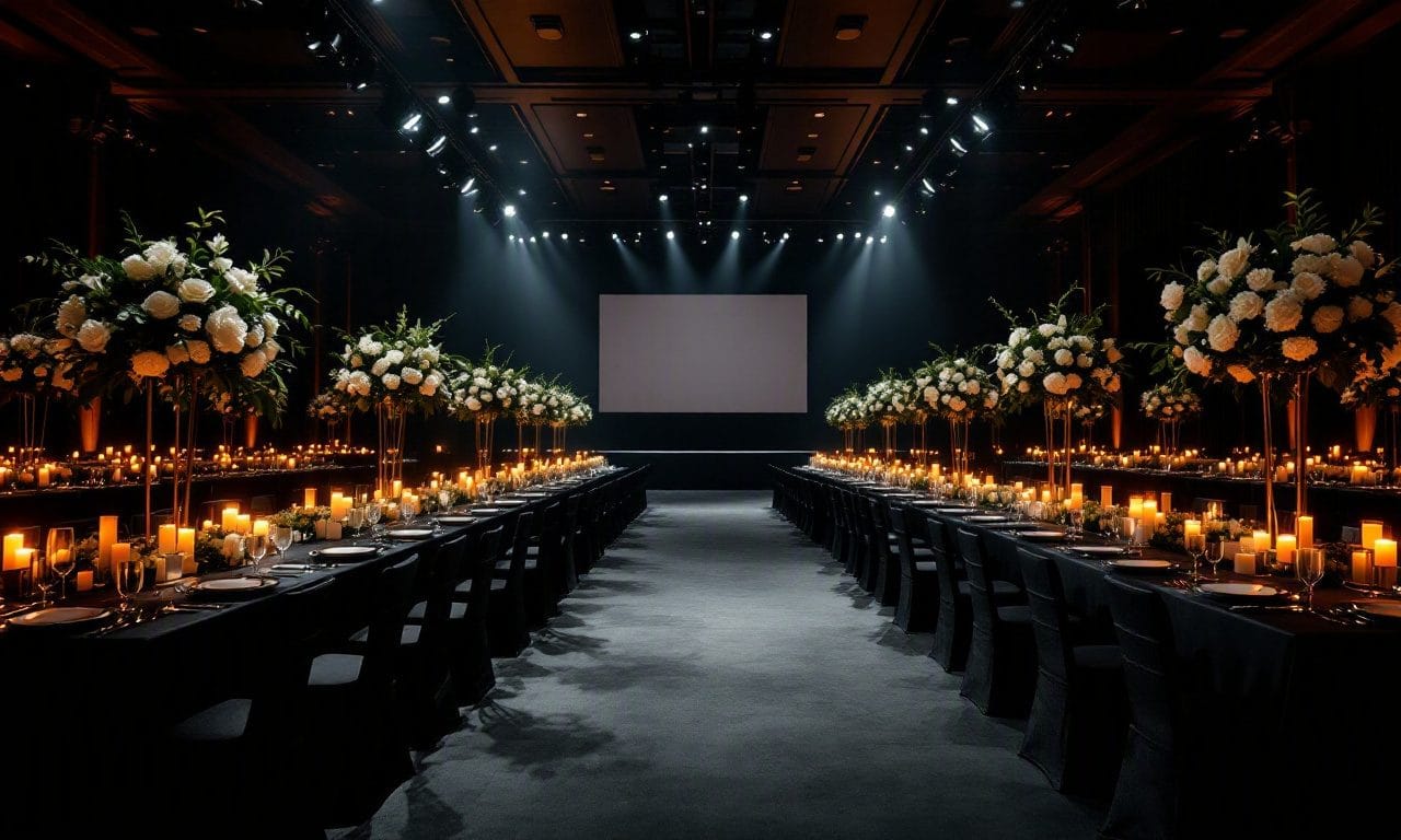 A black-tie corporate gala in Atlanta with candlelit banquet tables and tall white floral arrangements — design concept by Greystone Design Co.