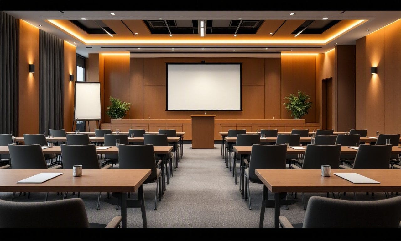A corporate breakout meeting room in Atlanta with a podium and presentation screen — design concept by Greystone Design Co.