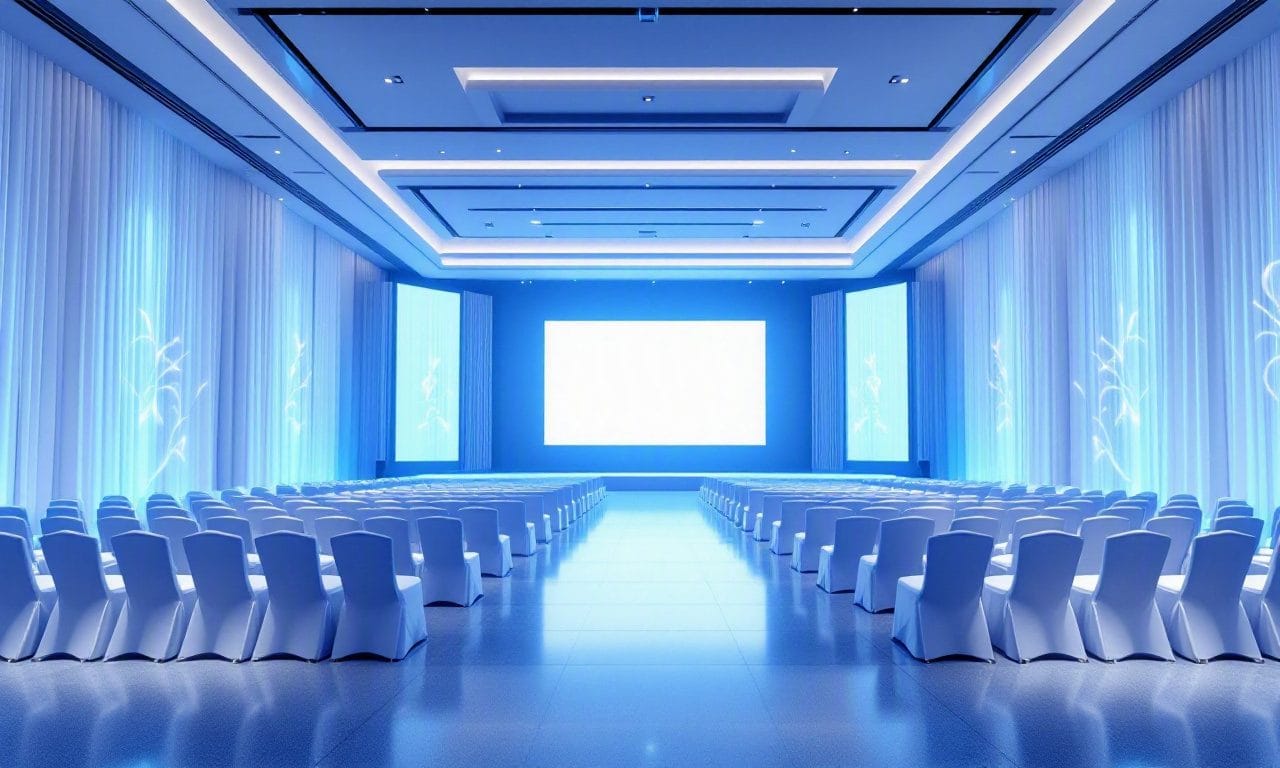 A corporate general session in Atlanta with rows of white chairs facing a blue-lit stage and LED wall — design concept by Greystone Design Co.