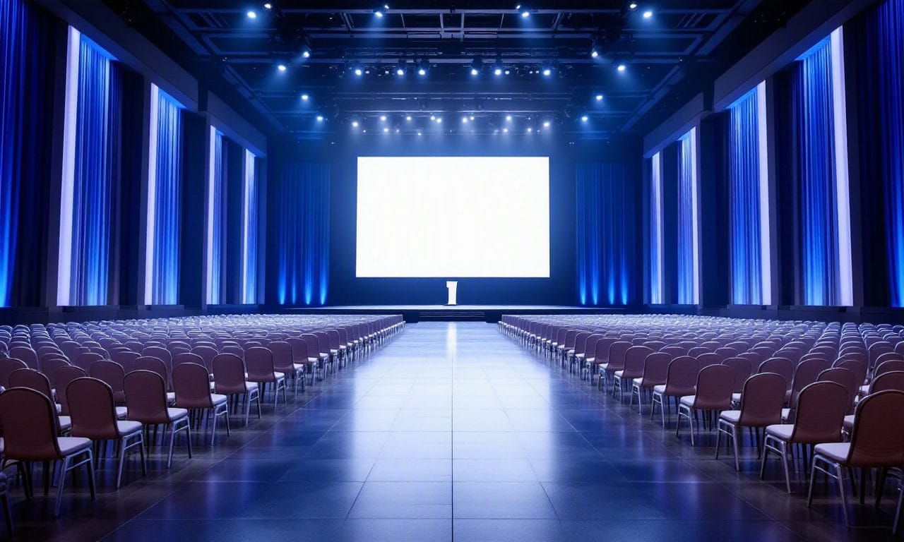 Corporate general-session conference stage concept with a podium and large presentation wall — design concept by Greystone Design Co.
