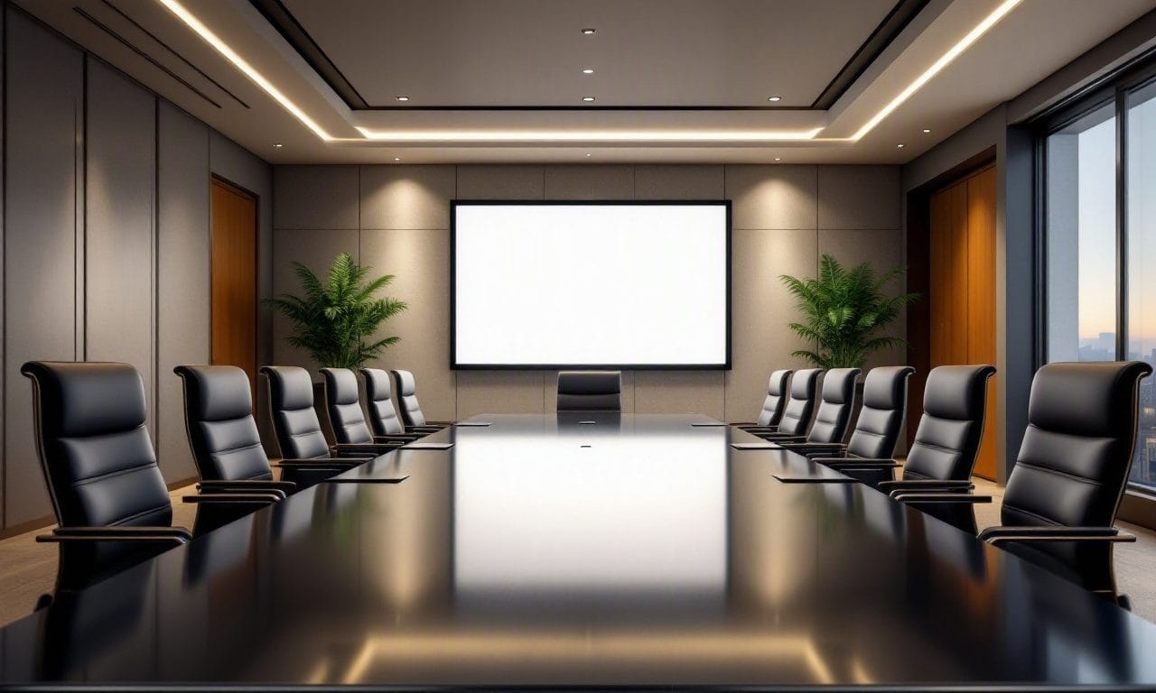 An executive corporate boardroom in Atlanta with a long polished table and presentation screen — design concept by Greystone Design Co.