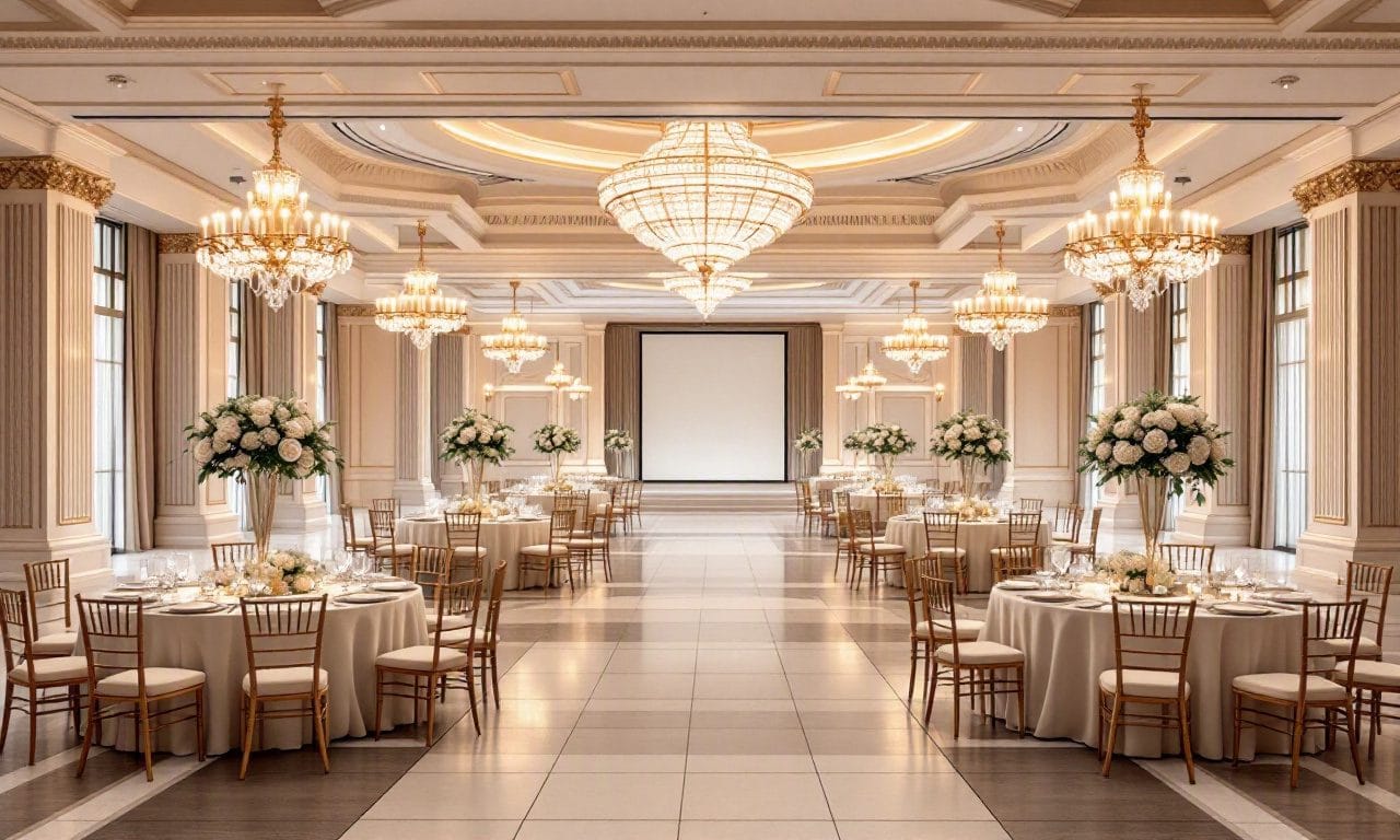 A grand corporate ballroom in Atlanta with crystal chandeliers and tall white floral centerpieces — design concept by Greystone Design Co.