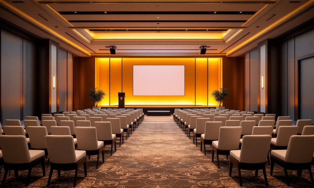 A warm corporate general session in Atlanta facing a softly lit stage and blank screen — design concept by Greystone Design Co.
