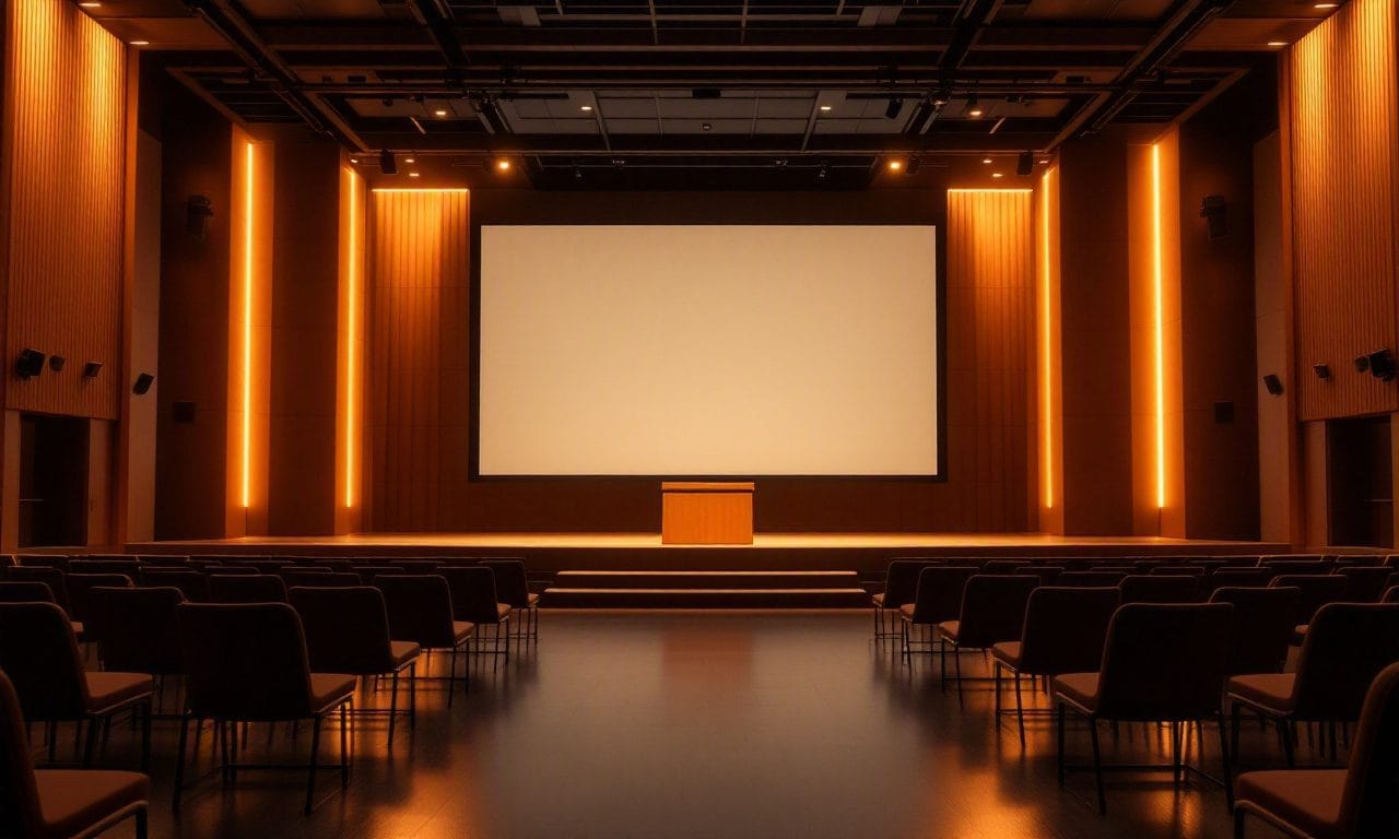 A corporate keynote stage in Atlanta with a podium and presentation screen — design concept by Greystone Design Co.