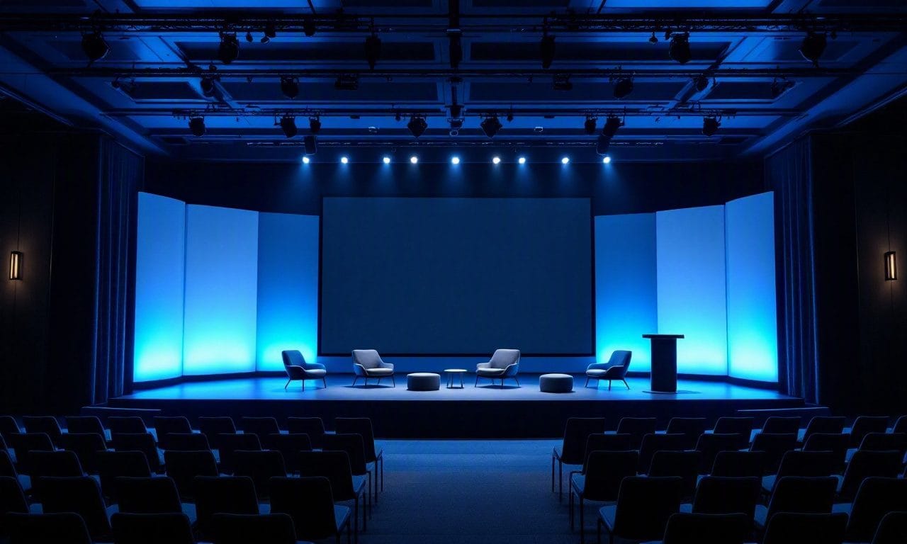 Corporate panel-discussion stage in Atlanta with lounge chairs and a side podium — design concept by Greystone Design Co.