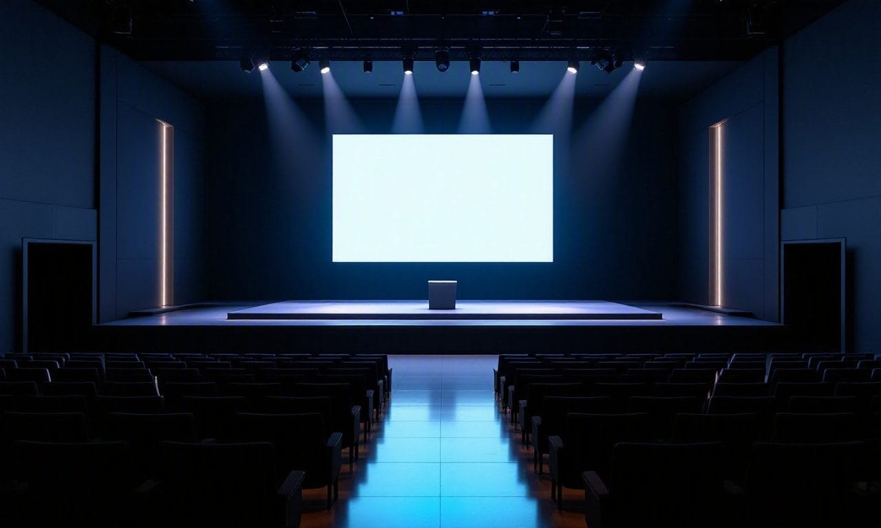 A corporate product-launch stage in Atlanta with a podium, LED wall, and dramatic lighting — design concept by Greystone Design Co.