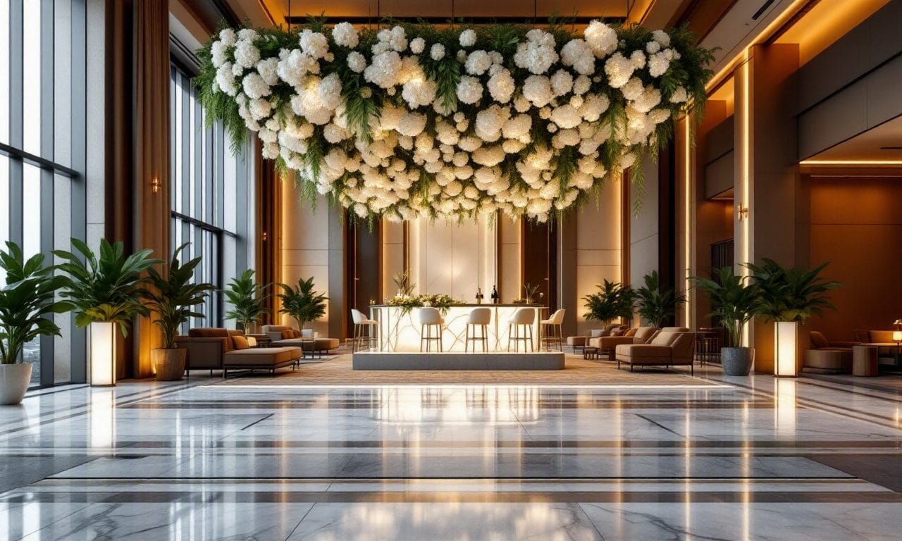 Immersive brand-activation environment concept with a suspended floral installation over a branded lounge — design concept by Greystone Design Co.