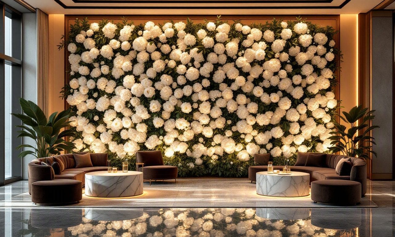 An illuminated white floral wall in a corporate reception lounge in Atlanta with velvet seating — design concept by Greystone Design Co.