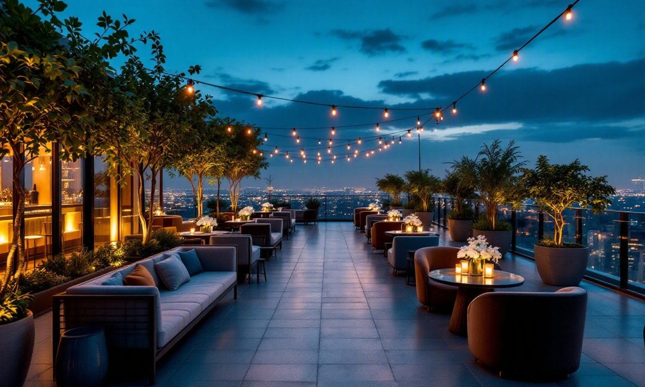 A rooftop corporate reception at dusk in Atlanta with lounge seating, white florals, and skyline views — design concept by Greystone Design Co.