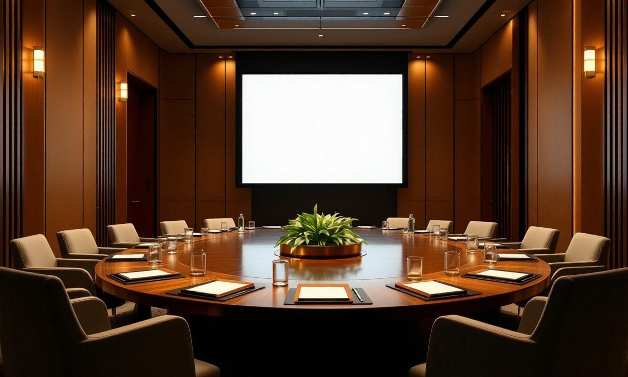 A corporate roundtable meeting in Atlanta with executive chairs facing a podium and presentation screen — design concept by Greystone Design Co.
