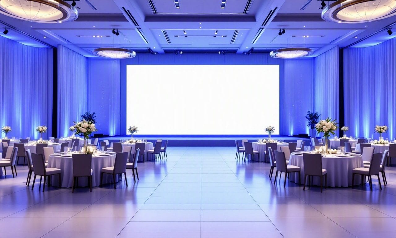Corporate summit in Atlanta with round tables, white florals, and blue uplighting — design concept by Greystone Design Co.