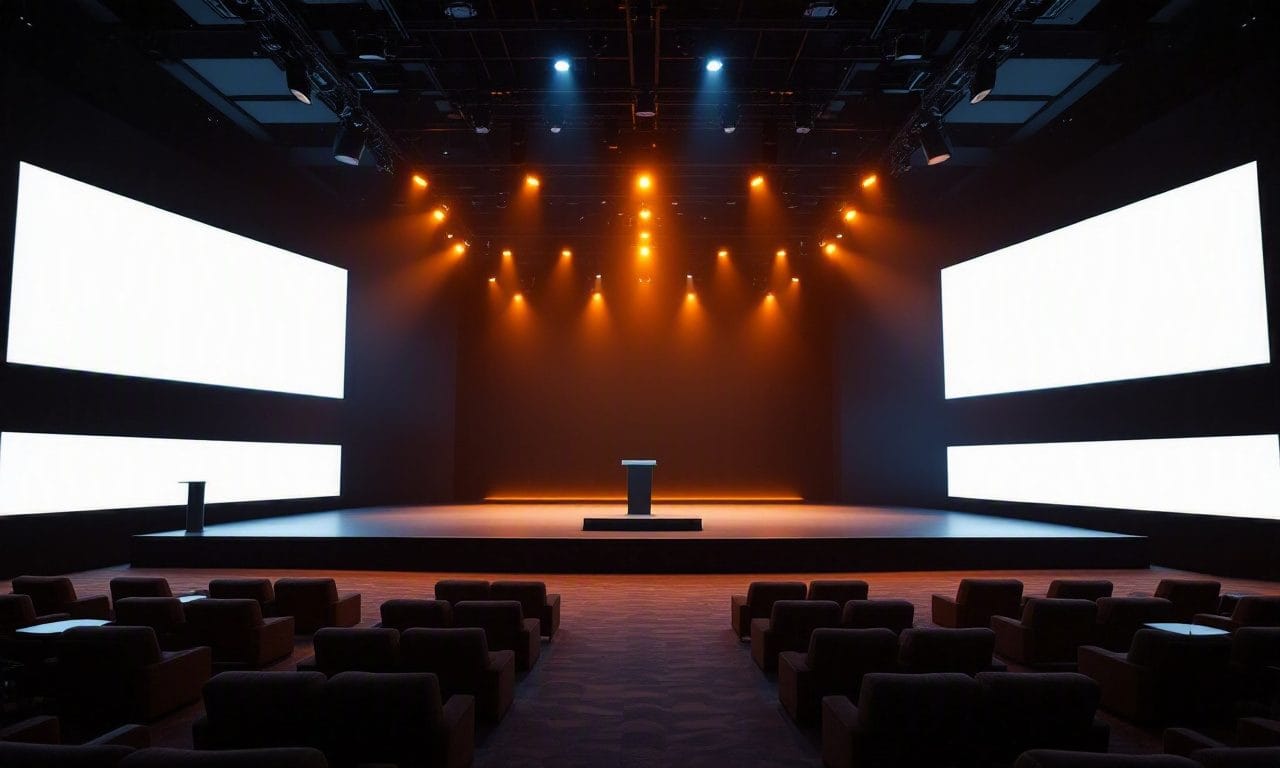 A corporate town-hall all-hands stage in Atlanta with a central podium and a wide LED wall — design concept by Greystone Design Co.